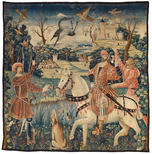 Tapestry from the Burrell Colelction depicting a Fight between a Falcon and a Heron